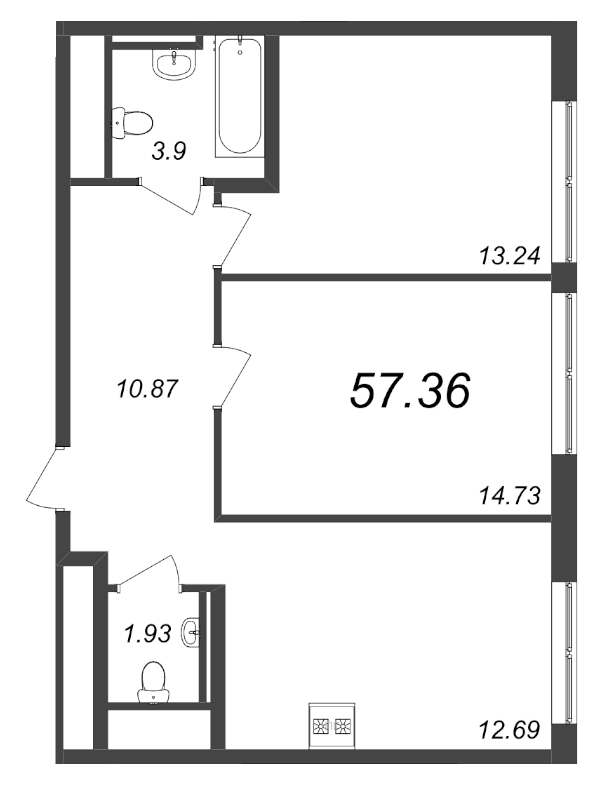 2-комнатная квартира, 57.36 м² - планировка, фото №1
