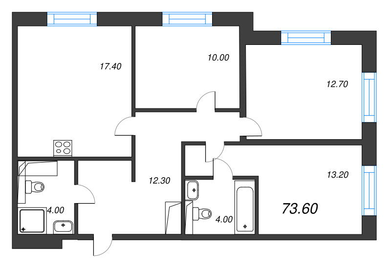 4-комнатная (Евро) квартира, 73.6 м² в ЖК "Большая Охта" - планировка, фото №1