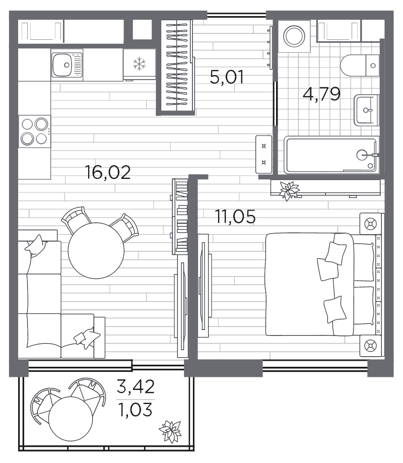 2-комнатная (Евро) квартира, 37.9 м² в ЖК "PLUS Пулковский" - планировка, фото №1