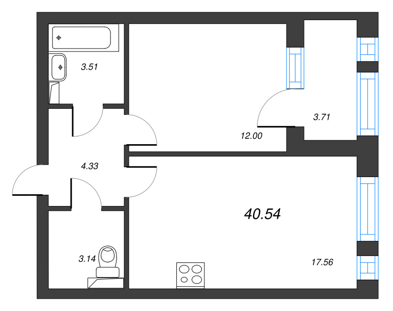 2-комнатная (Евро) квартира, 42.4 м² в ЖК "Кронфорт. Центральный" - планировка, фото №1