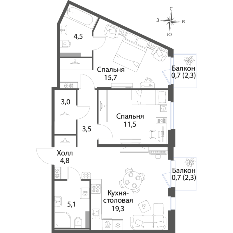3-комнатная (Евро) квартира, 68.8 м² в ЖК "Экография" - планировка, фото №1