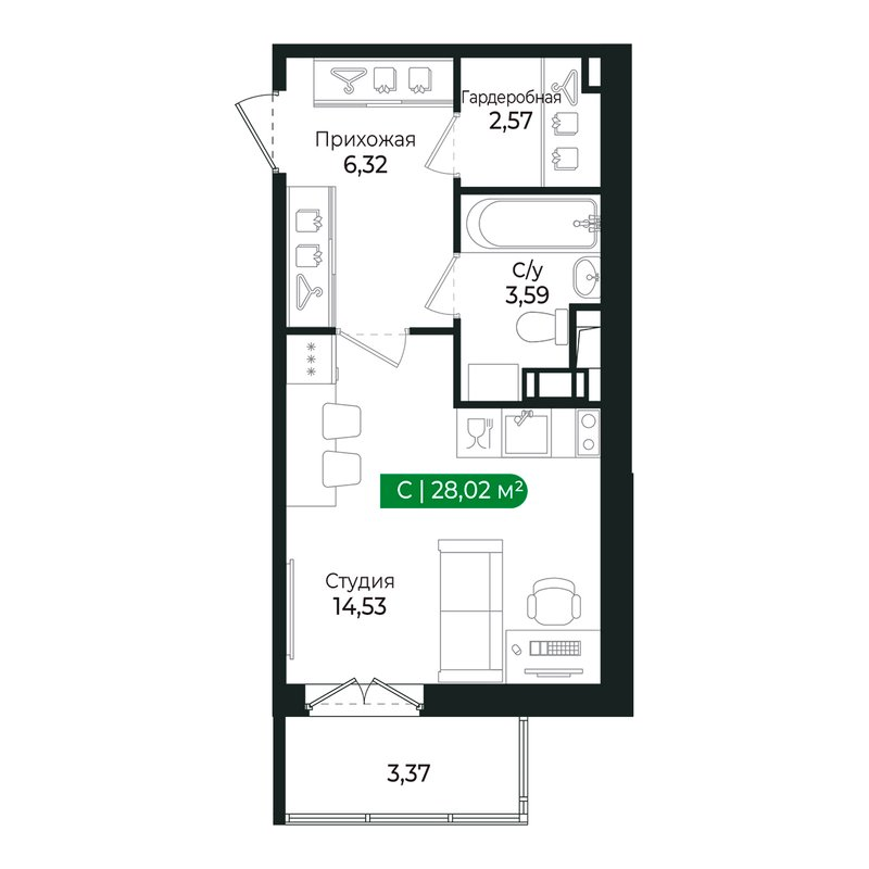 Квартира-студия, 27.1 м² в ЖК "Сертолово Парк" - планировка, фото №1