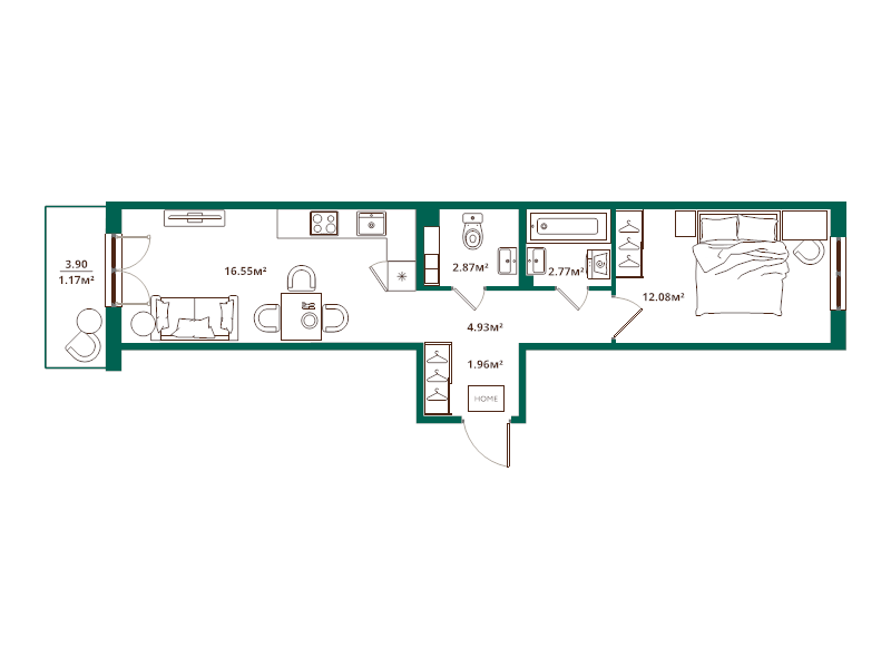 2-комнатная (Евро) квартира, 42.33 м² в ЖК "ЛесАрт" - планировка, фото №1