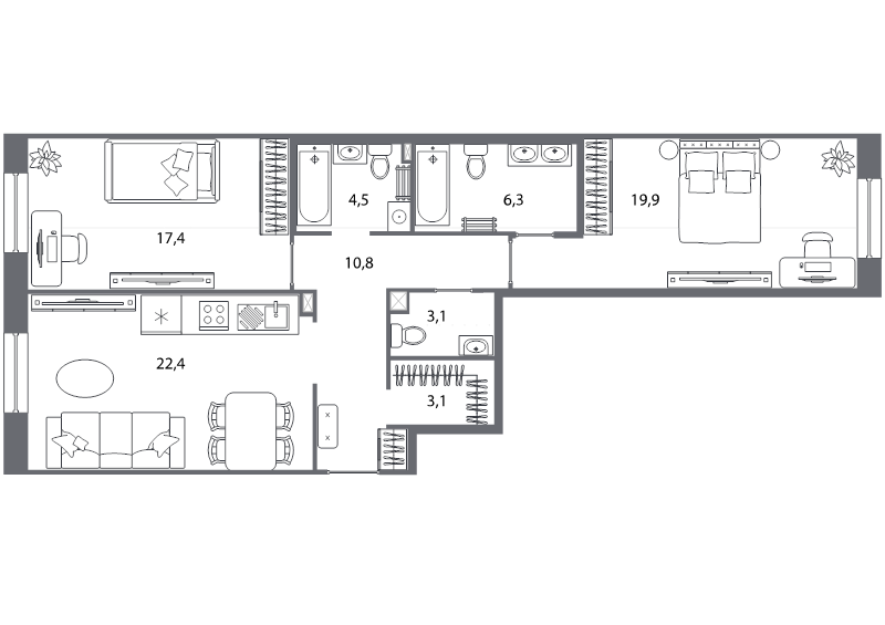 3-комнатная (Евро) квартира, 87.6 м² в ЖК "Северная корона" - планировка, фото №1