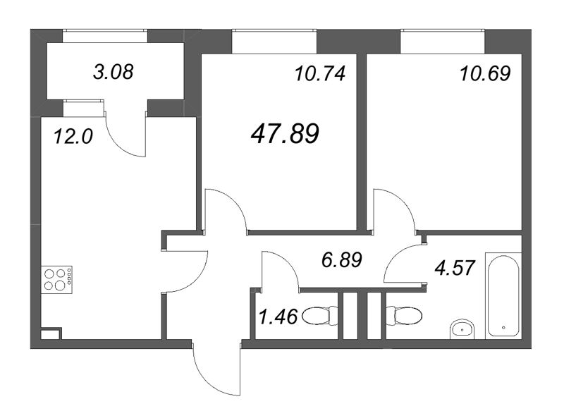 2-комнатная квартира, 47.89 м² в ЖК "Гранат" - планировка, фото №1