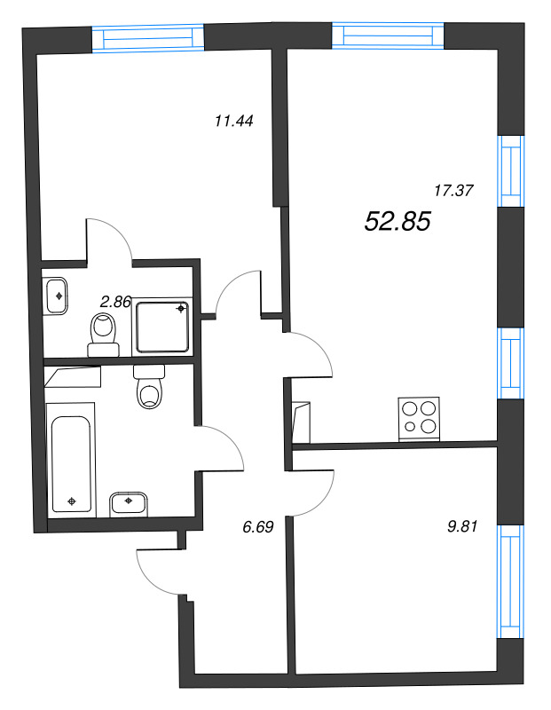 3-комнатная (Евро) квартира, 52.85 м² в ЖК "Бульвар Грина" - планировка, фото №1