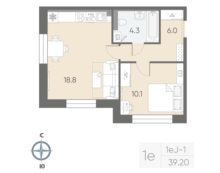 2-комнатная (Евро) квартира, 39.2 м² в ЖК "Большая Охта" - планировка, фото №1