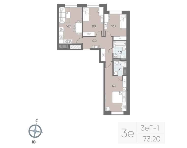4-комнатная (Евро) квартира, 73.2 м² в ЖК "Большая Охта" - планировка, фото №1