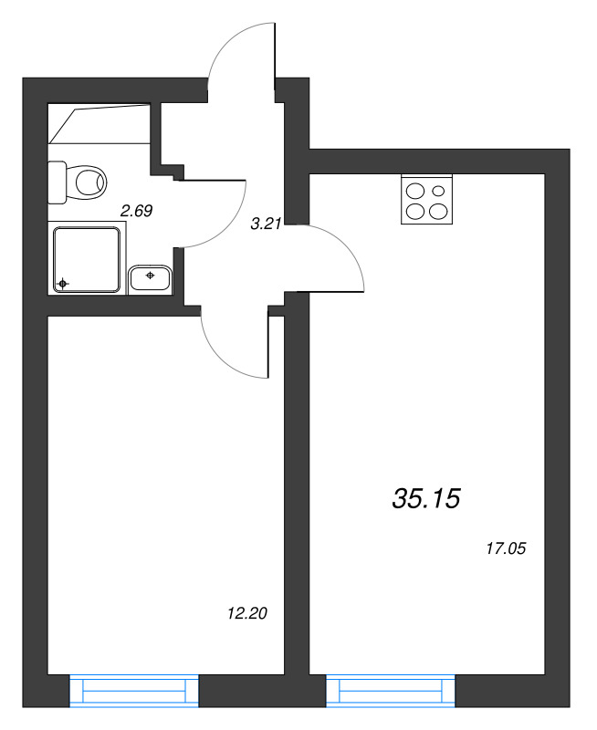 2-комнатная (Евро) квартира, 35.15 м² в ЖК "Морская миля" - планировка, фото №1