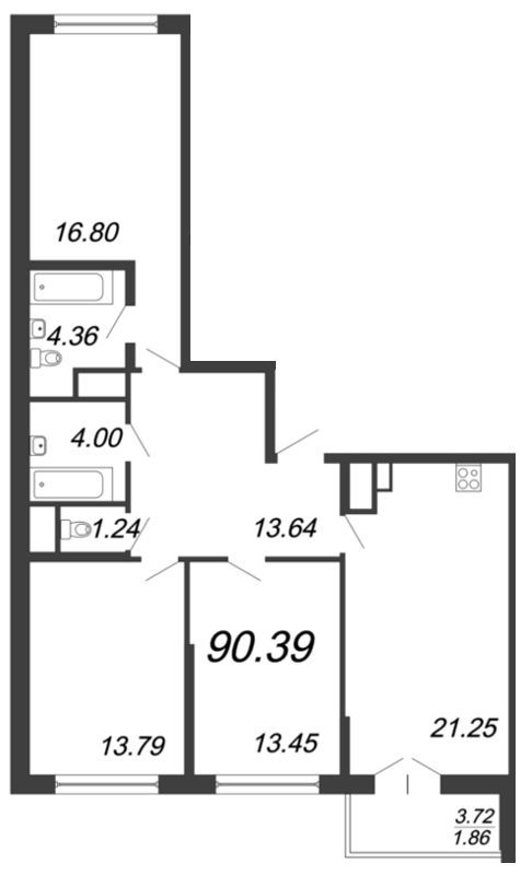 4-комнатная (Евро) квартира, 90.4 м² - планировка, фото №1