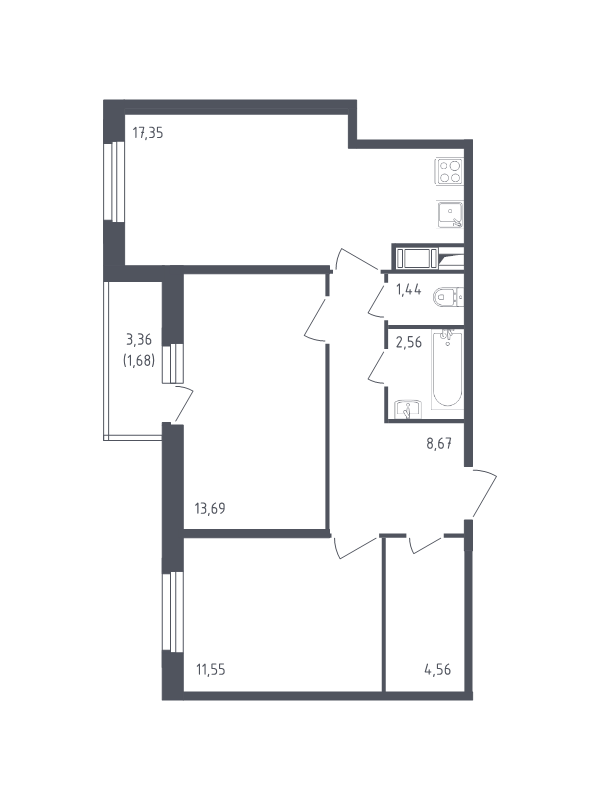 3-комнатная (Евро) квартира, 61.5 м² - планировка, фото №1