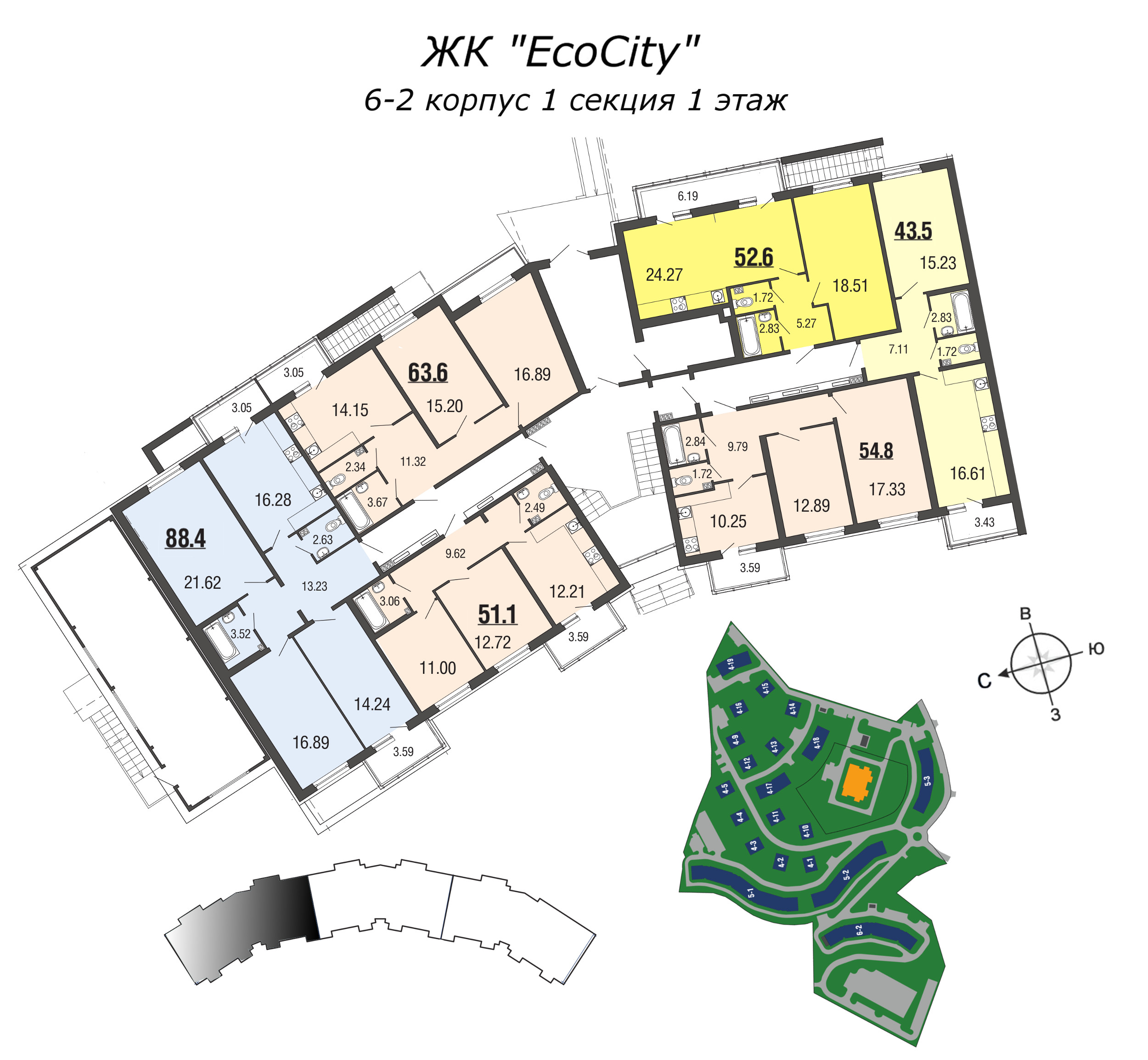 4-комнатная (Евро) квартира, 88.4 м² в ЖК "EcoCity" - планировка этажа