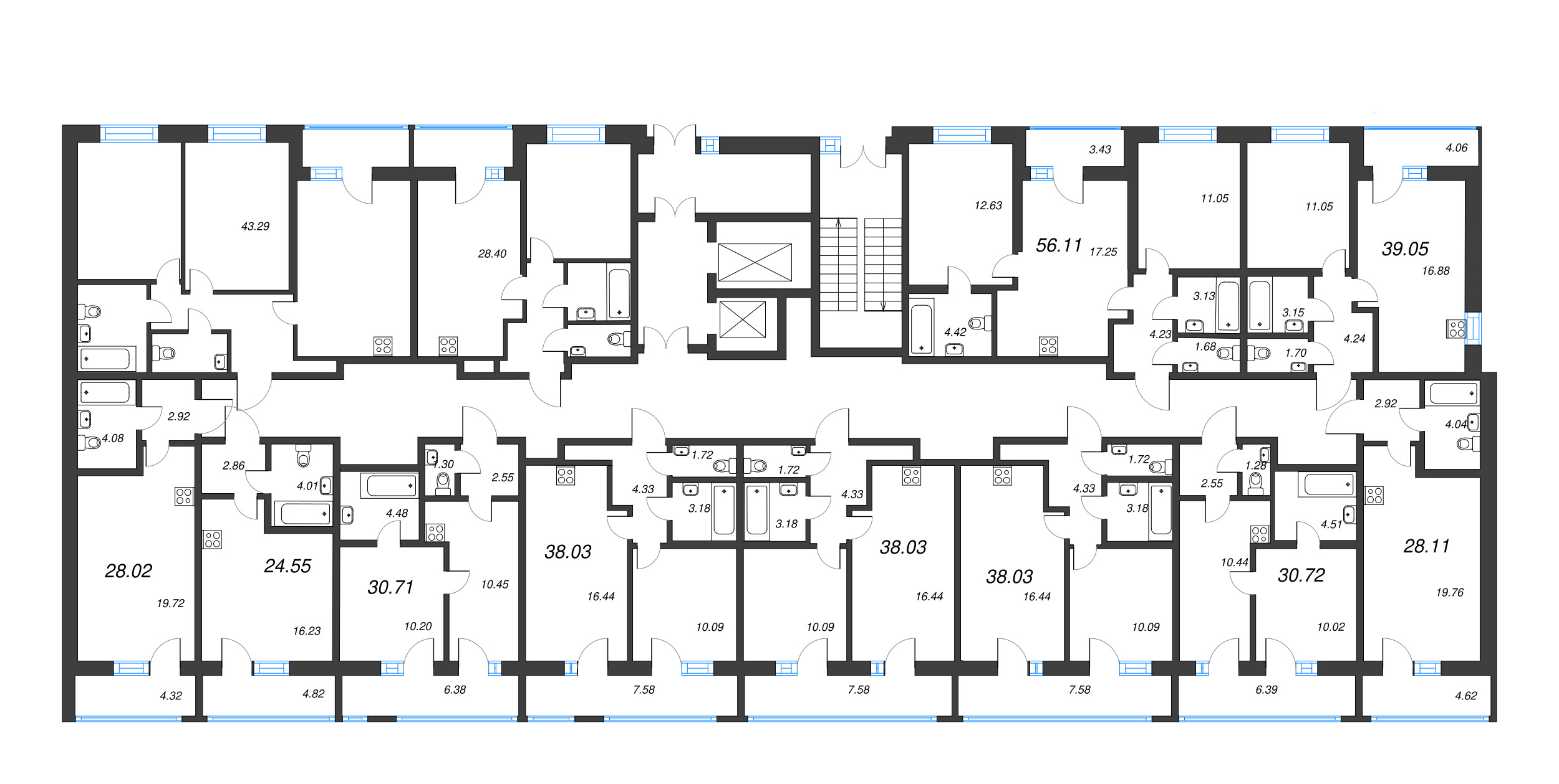 3-комнатная (Евро) квартира, 56.11 м² - планировка этажа