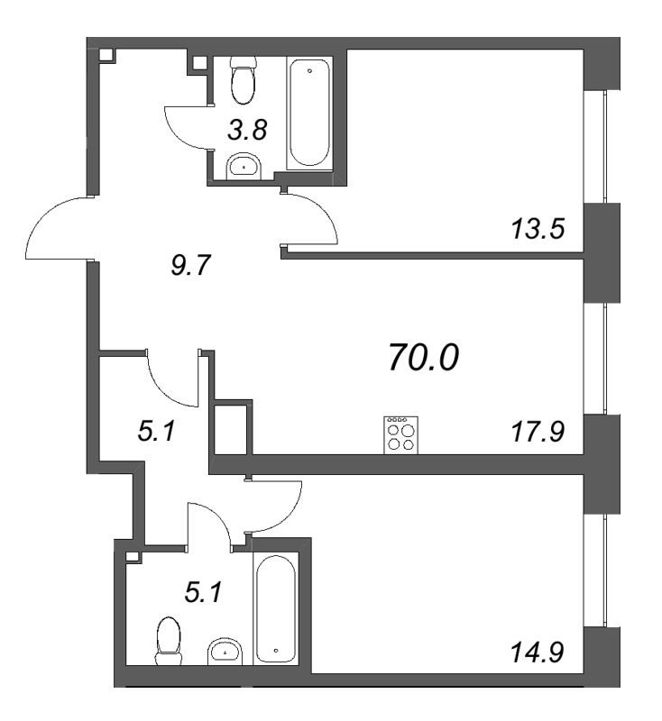 3-комнатная (Евро) квартира, 70 м² в ЖК "Коллекционер" - планировка, фото №1