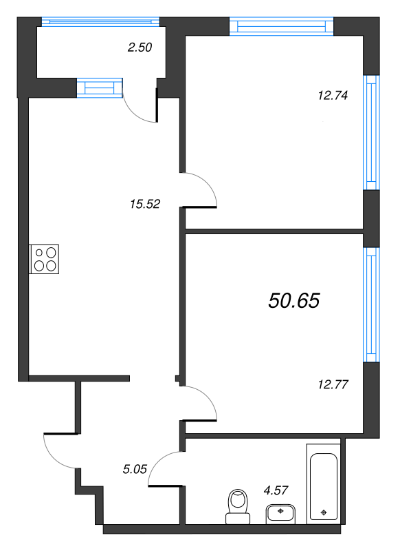 3-комнатная (Евро) квартира, 53.15 м² - планировка, фото №1