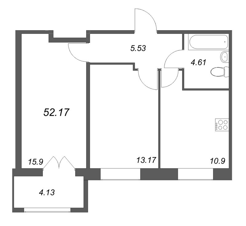 2-комнатная квартира, 52.17 м² в ЖК "Рождественский квартал" - планировка, фото №1