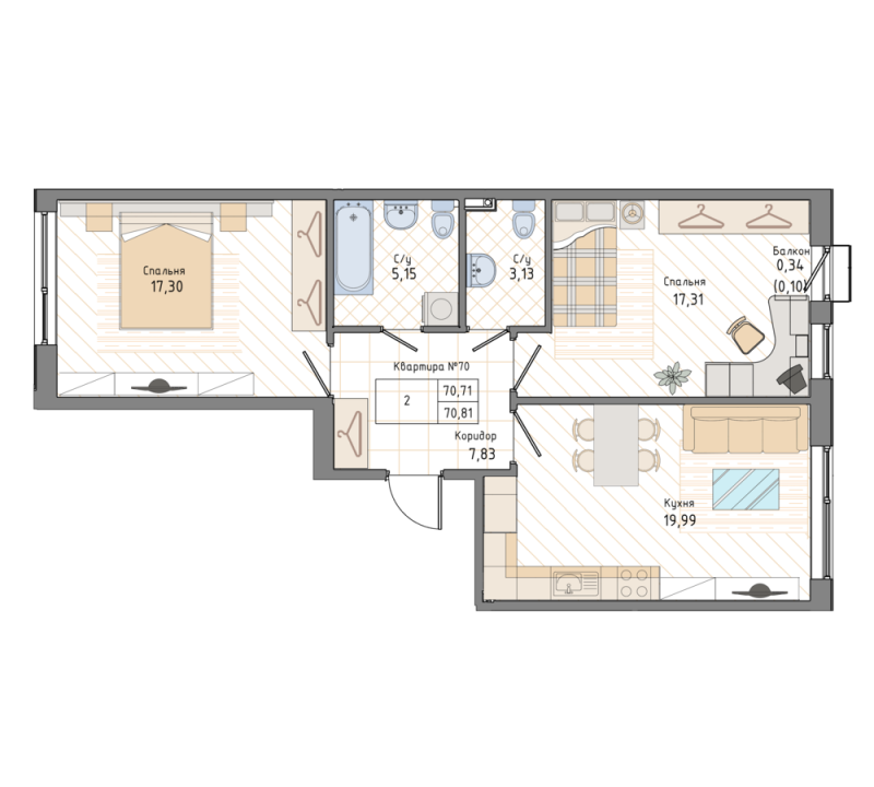 2-комнатная квартира, 70.81 м² в ЖК "Мануфактура James Beck" - планировка, фото №1