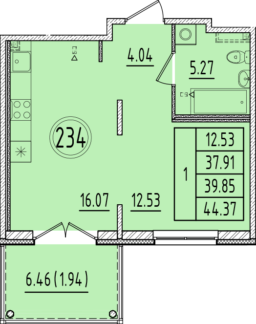 2-комнатная (Евро) квартира, 37.91 м² в ЖК "Образцовый квартал 6.4" - планировка, фото №1