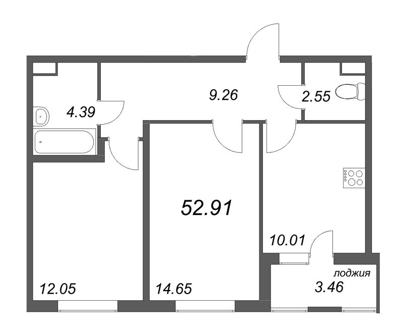 2-комнатная квартира, 52.91 м² в ЖК "Ясно.Янино" - планировка, фото №1
