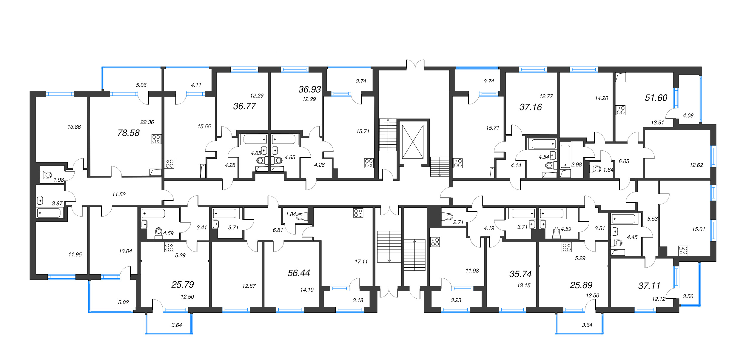 2-комнатная (Евро) квартира, 37.11 м² - планировка этажа