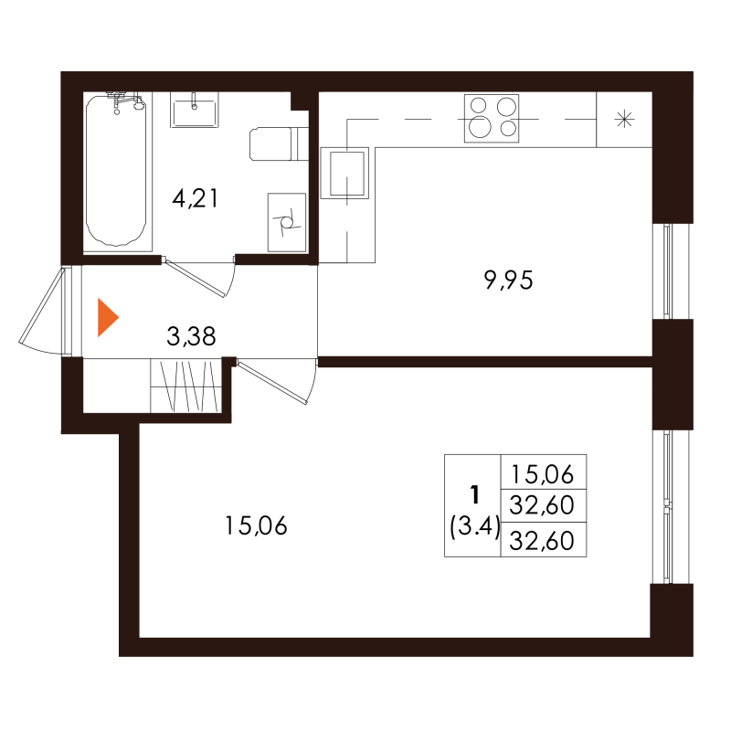 1-комнатная квартира, 32.6 м² - планировка, фото №1