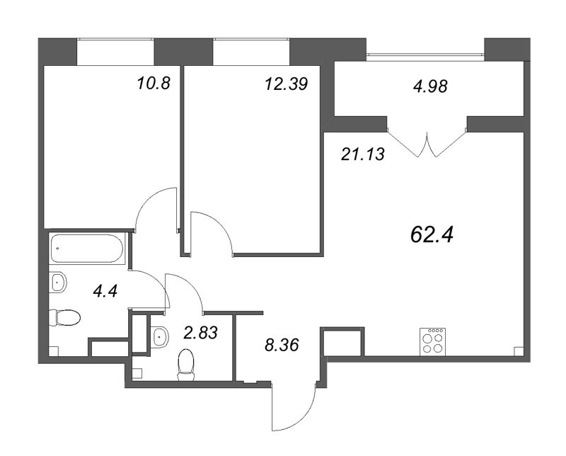 3-комнатная (Евро) квартира, 62.4 м² - планировка, фото №1