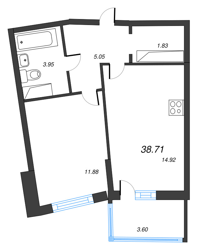 2-комнатная (Евро) квартира, 38.7 м² - планировка, фото №1