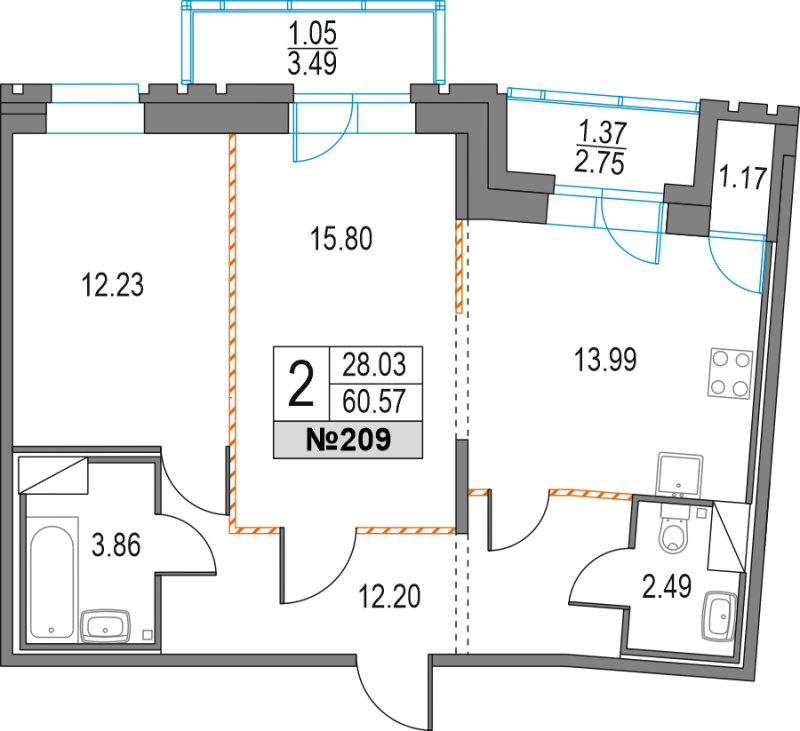 2-комнатная квартира, 60.57 м² - планировка, фото №1