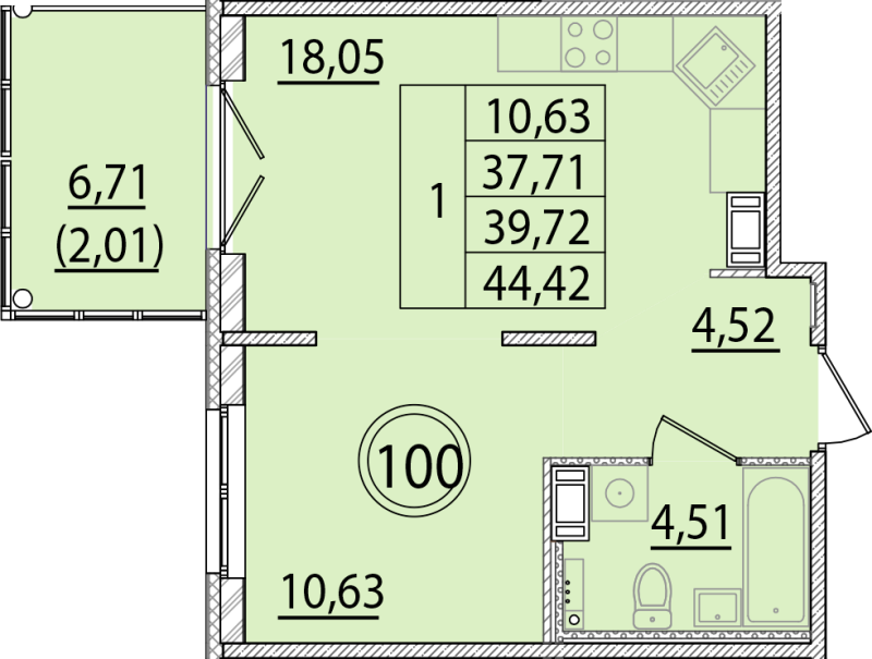 2-комнатная (Евро) квартира, 37.71 м² в ЖК "Образцовый квартал 15" - планировка, фото №1