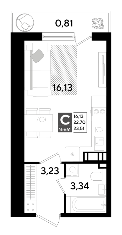 Квартира-студия, 23.51 м² в ЖК "Догма Юкки" - планировка, фото №1