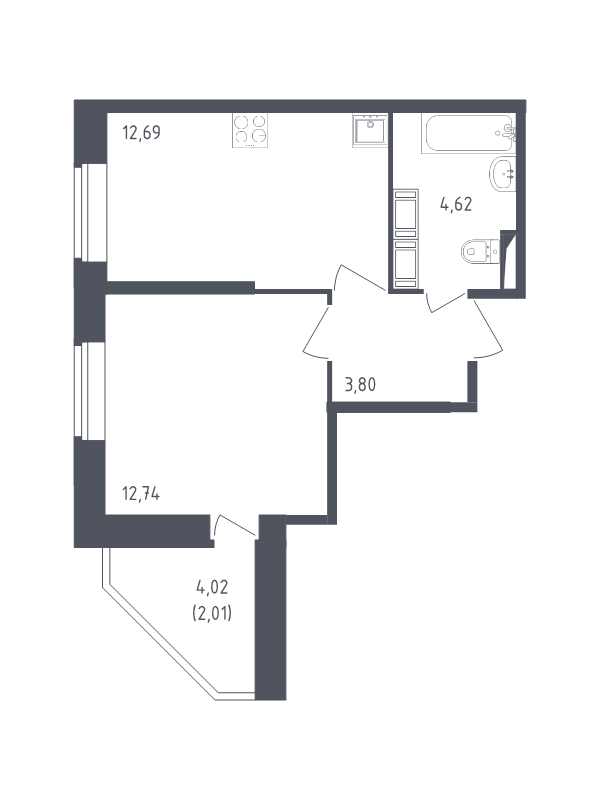 1-комнатная квартира, 35.86 м² - планировка, фото №1