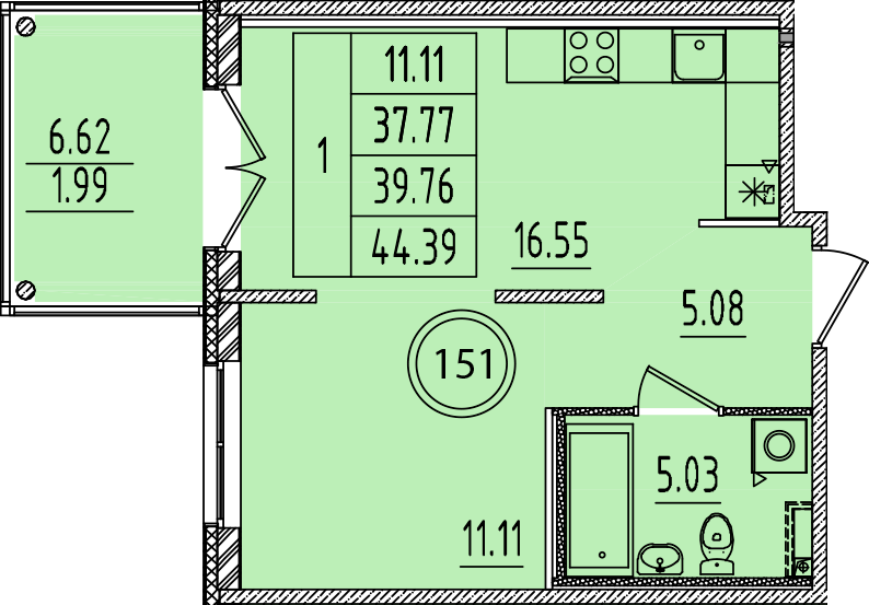 2-комнатная (Евро) квартира, 37.77 м² - планировка, фото №1
