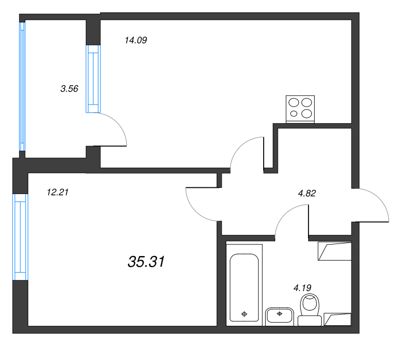 1-комнатная квартира, 35.31 м² - планировка, фото №1