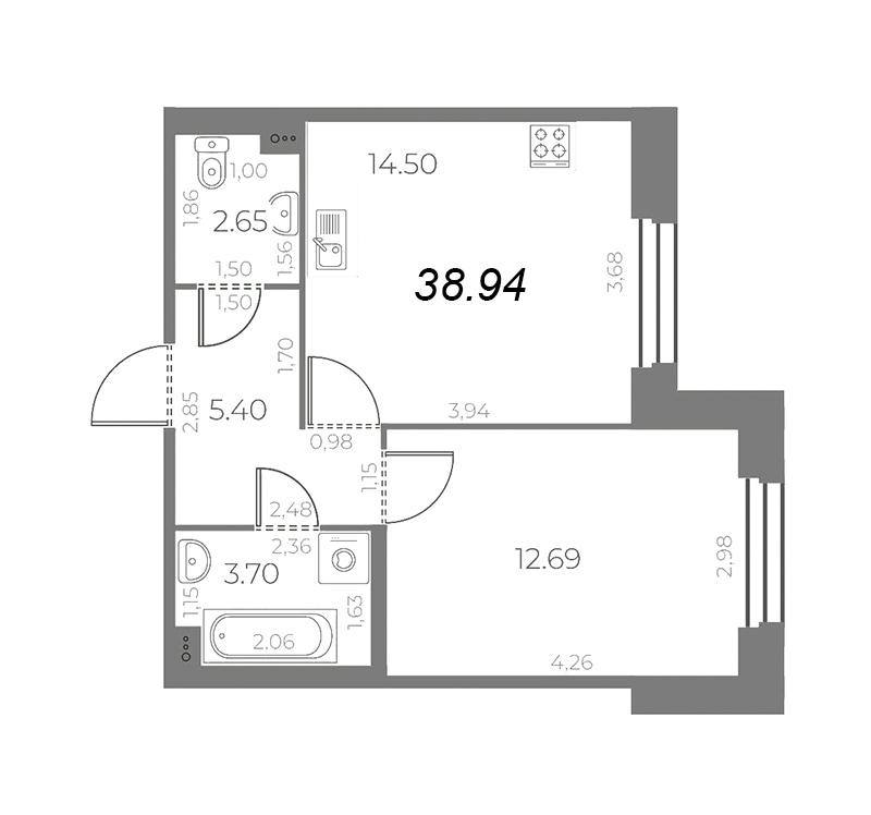 1-комнатная квартира, 38.94 м² - планировка, фото №1