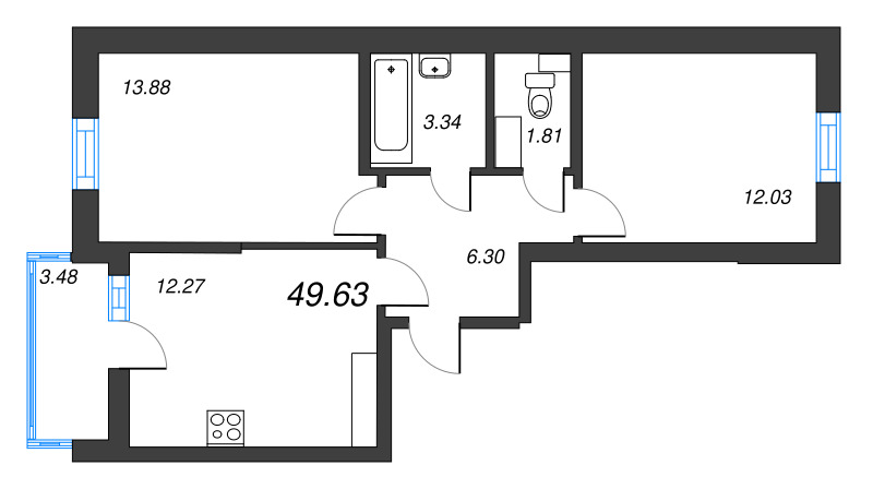 2-комнатная квартира, 49.63 м² - планировка, фото №1