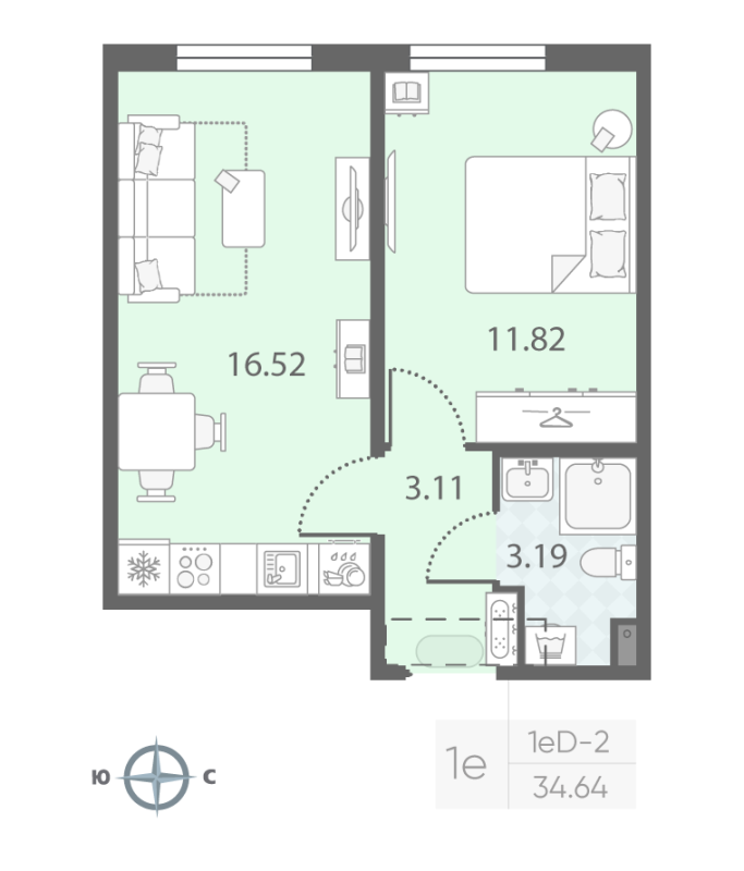 2-комнатная (Евро) квартира, 34.64 м² - планировка, фото №1