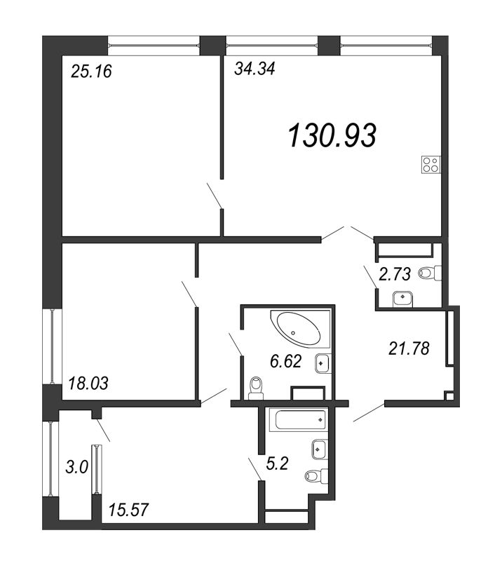 4-комнатная (Евро) квартира, 130.93 м² - планировка, фото №1