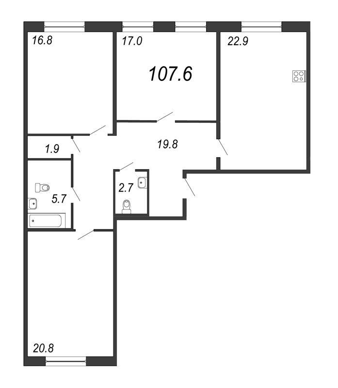 3-комнатная квартира, 107.3 м² в ЖК "Московские ворота II" - планировка, фото №1