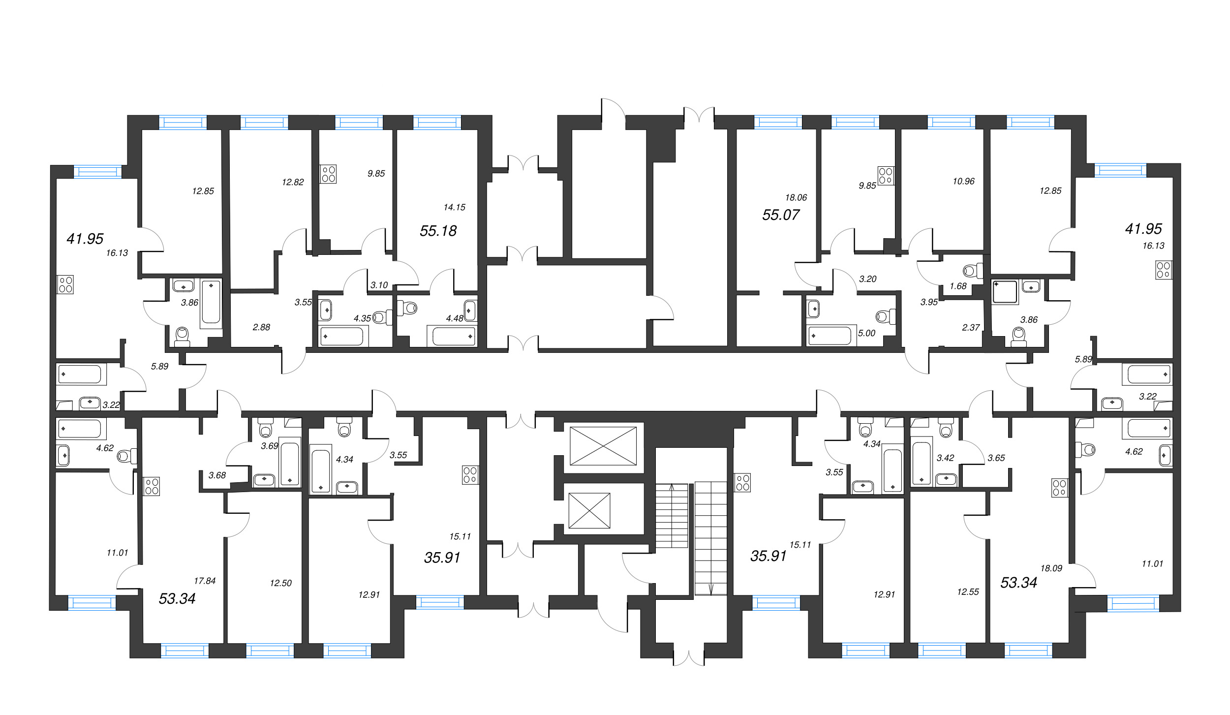 2-комнатная (Евро) квартира, 35.91 м² в ЖК "Тишин" - планировка этажа