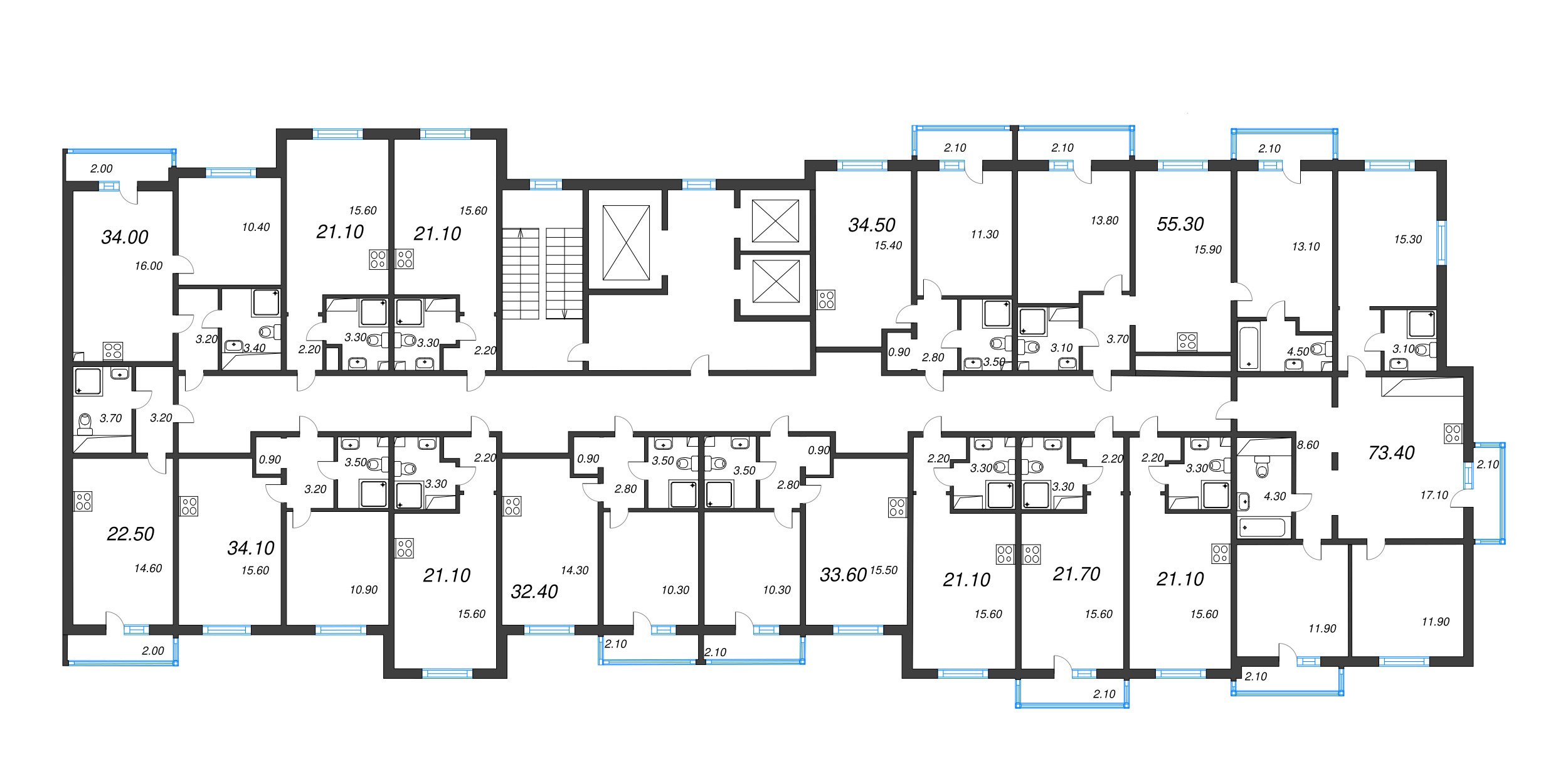 3-комнатная (Евро) квартира, 55.3 м² в ЖК "Дыбенко Парк" - планировка этажа