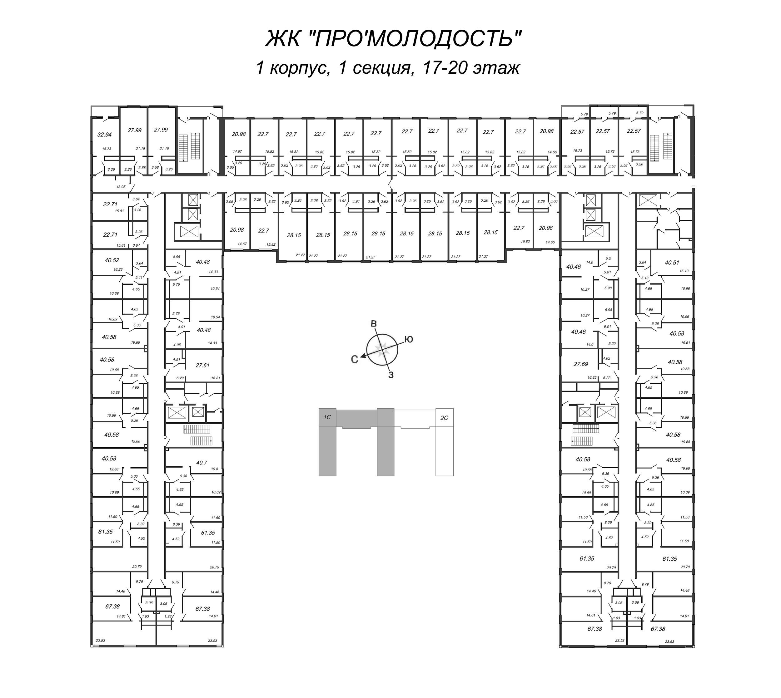 1-комнатная квартира, 40.48 м² в ЖК "ПРО'МОЛОDОСТЬ" - планировка этажа