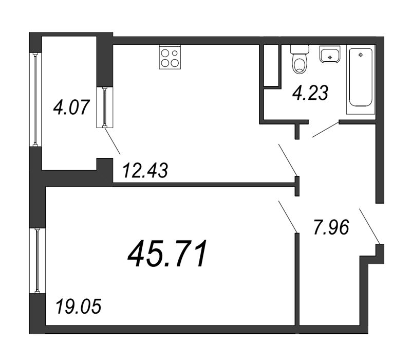 1-комнатная квартира, 46.3 м² - планировка, фото №1