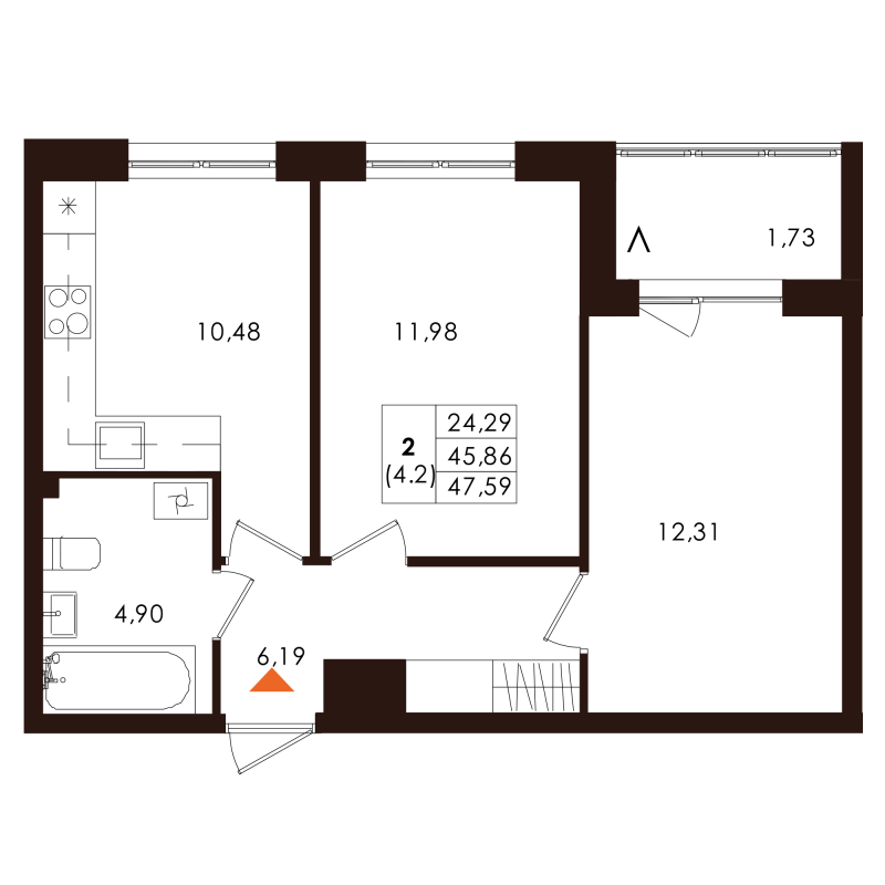 2-комнатная квартира, 47.59 м² - планировка, фото №1