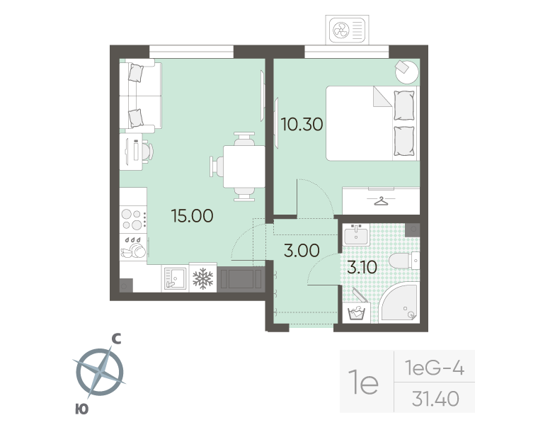 1-комнатная квартира, 31.4 м² в ЖК "Ручьи" - планировка, фото №1