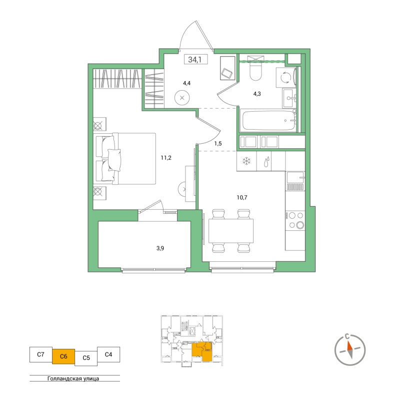 1-комнатная квартира, 34.1 м² - планировка, фото №1