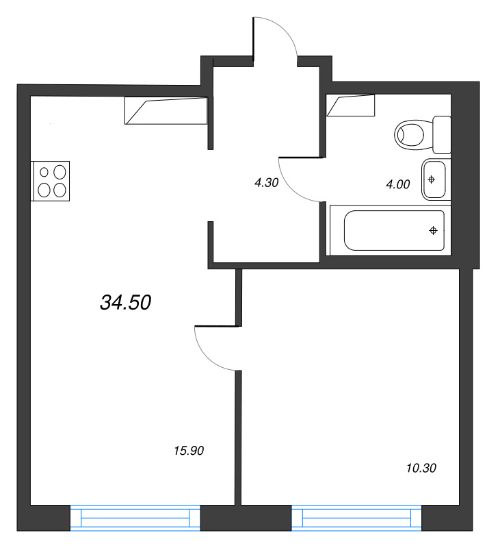 2-комнатная (Евро) квартира, 34.5 м² в ЖК "Струны" - планировка, фото №1
