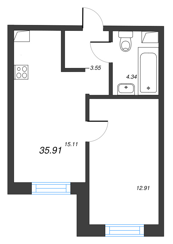 2-комнатная (Евро) квартира, 35.91 м² в ЖК "Тишин" - планировка, фото №1