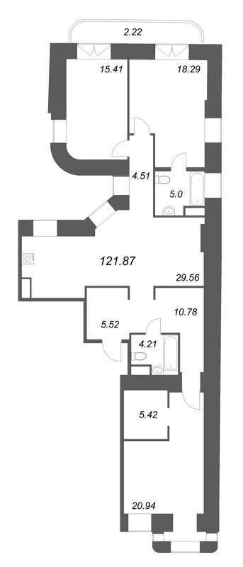 3-комнатная квартира, 121.87 м² - планировка, фото №1