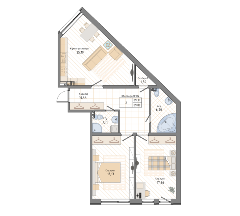 2-комнатная квартира, 90.3 м² в ЖК "Мануфактура James Beck" - планировка, фото №1
