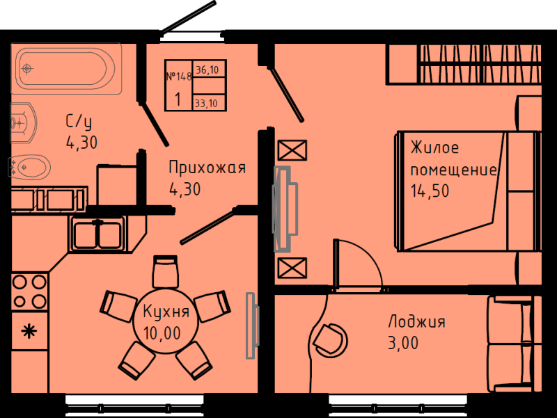 1-комнатная квартира, 36.1 м² в ЖК "Pixel" - планировка, фото №1
